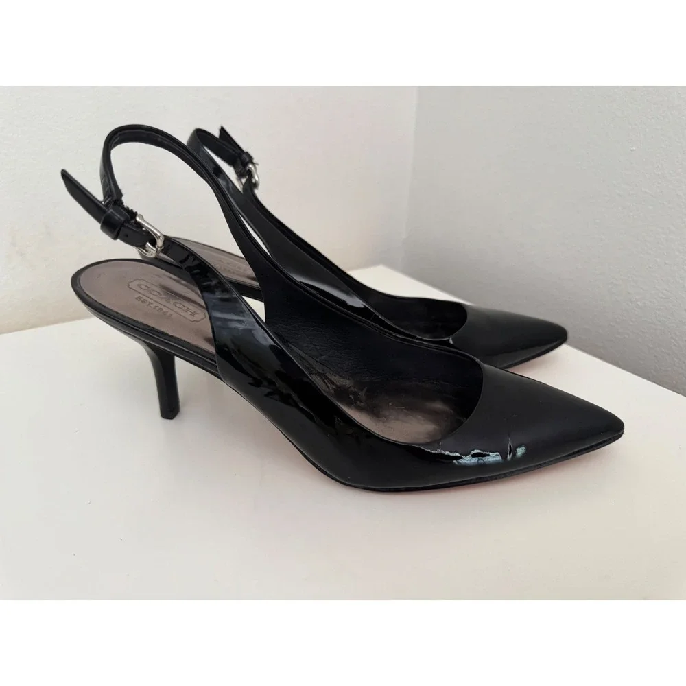 Coach Black Patent Leather Slingback Pumps Pointed Toe Kitten Heels Womens 8 B